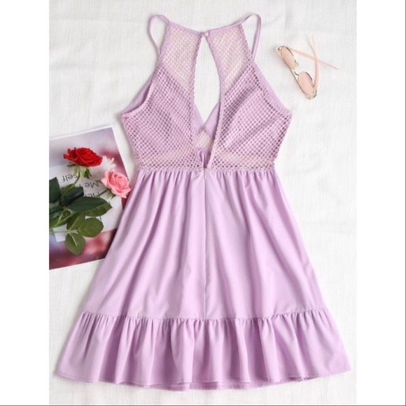 Lilac Open Back Perforated Lattice Frilled Dress - Picture 2 of 5